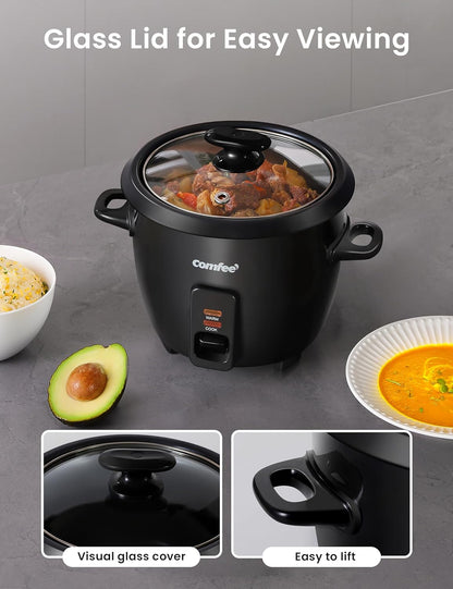 COMFEE' Rice Cooker, 6-Cup Cooked/3-Cup Uncooked, Black, Removable Non-Stick Bowl, One Touch for Soups, Stews, Grains
