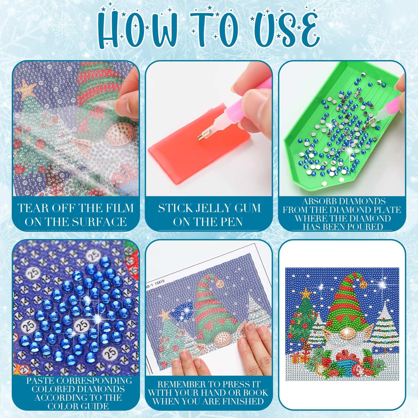 TecUnite 9 Pcs Christmas Diamond Painting Art Gnome Diamond Painting Kit for Beginners DIY Rhinestone Gem Crafts for Home Wall Decor 6 x 6 Inch (Classical)