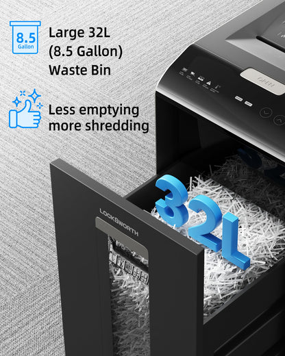 Locksworth 200-Sheet Micro Cut Shredder for Home Office, 8.5 Gallons Bin P-5 High Security Shredders for Paper, CD, Credit Card, Staple, Clip, Heavy Duty Commercial Paper Shredder with Casters