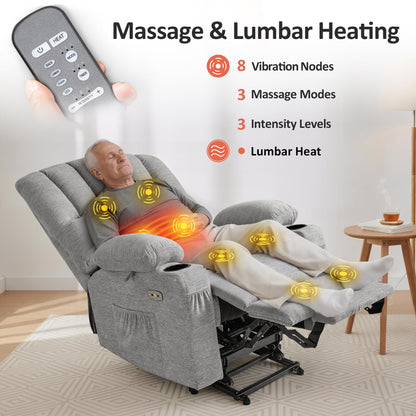 MCombo Power Lift Recliner Chair for Elderly, Lift Chair with Heat and Massage, USB &Type C Ports, Cup Holders, Fabric 7095 (Medium, Grey)