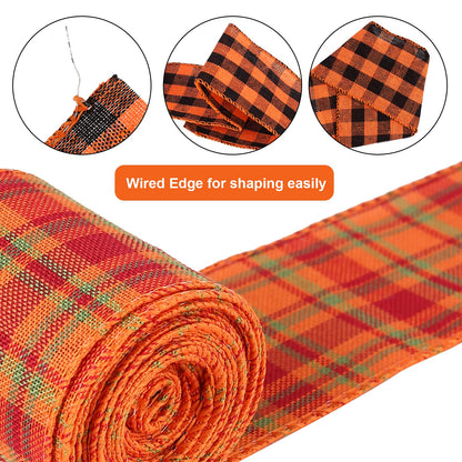 6 Rolls 30 Yards Fall Burlap Ribbon, 2.5 Inch Wired Edge Ribbon with Buffalo Plaid and Pumpkin Pattern for Thanksgiving Crafts, Wreaths, Bows and Gift Wrapping