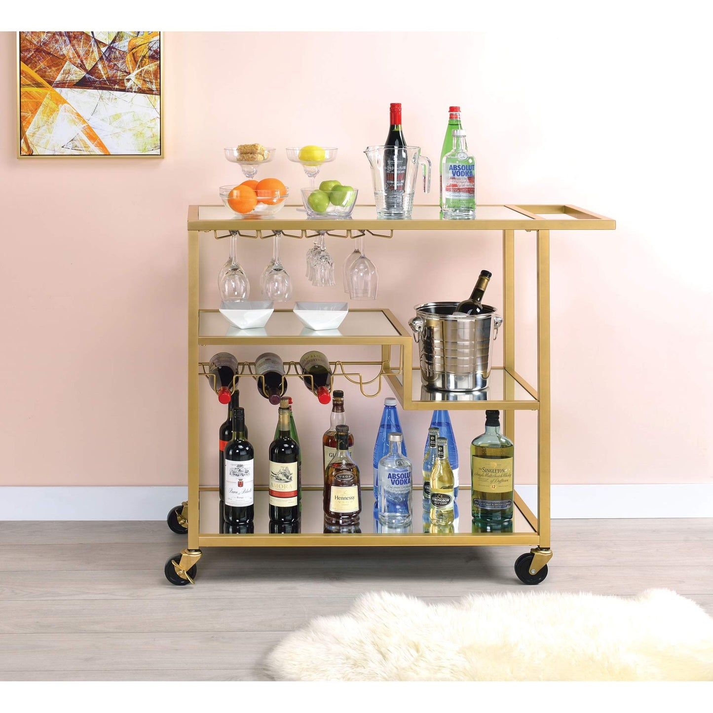 Ergode Adamsen Serving Cart Champagne & Mirror - Open Compartment, Wine Bottle & Steamware Rack - 5mm Mirrored Top & Shelves - Champagne Finish Metal Frame - Caster Wheels