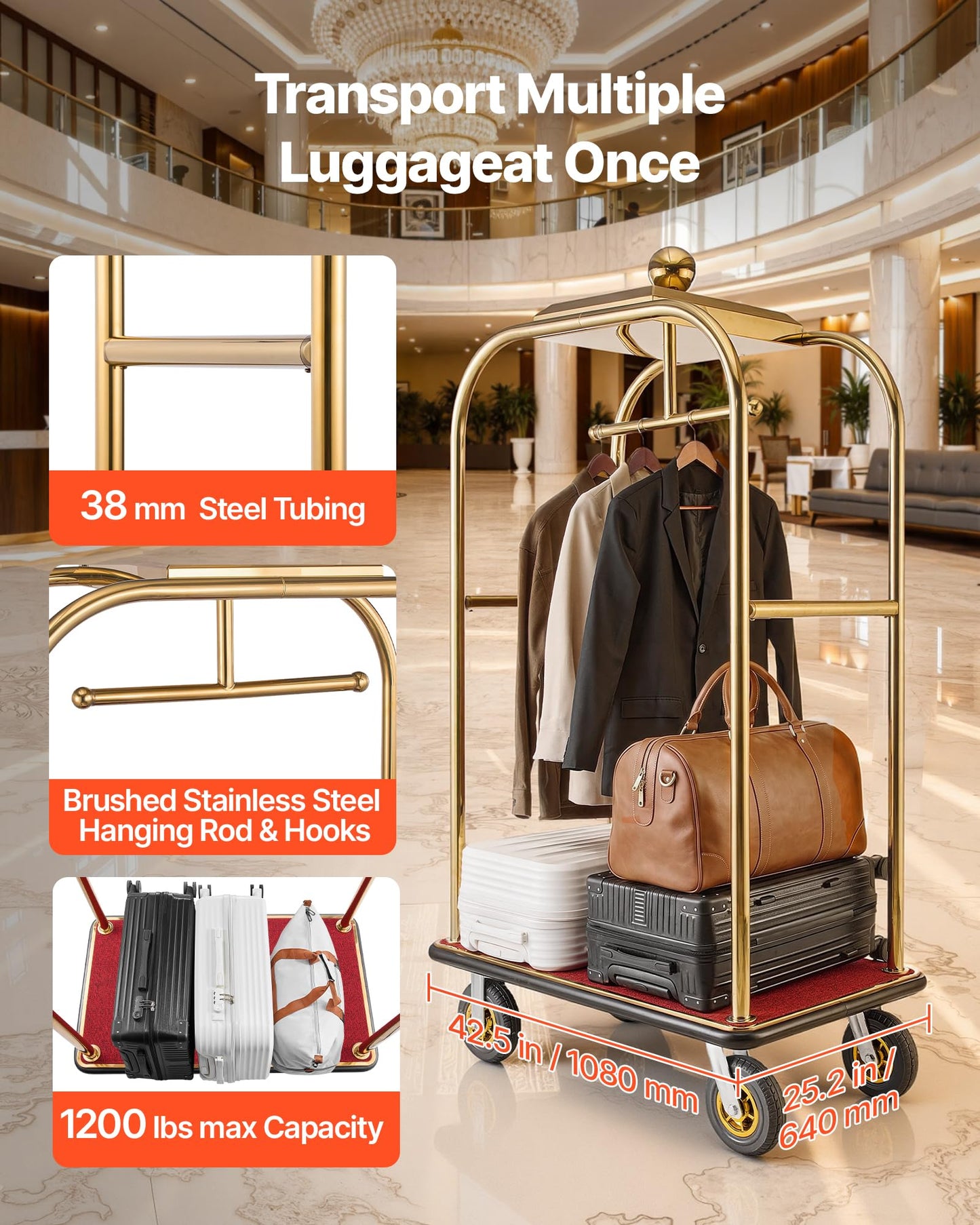 VEVOR Hotel Luggage Cart, 1200 lbs Heavy Duty Bellman Cart with Stainless Steel Frame, 8 in Rubber Wheels, Red Carpeted Deck, Commercial Luggage Carrier Rolling Trolley for Hotels, Resorts, Gold