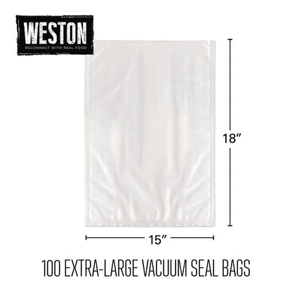 Weston Vacuum Sealer Bags, 2 Ply 3mm Thick, for NutriFresh, FoodSaver & Other Heat-Seal Systems, for Meal Prep and Sous Vide, BPA Free, 15" x 18" (Extra Large), 100 Count, Clear