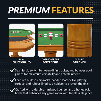 Hathaway Kingston 3 in 1 Octagon Poker Table, Dining & Bumper Pool Table for Game Rooms - Durable Hardwood, Sturdy Legs, Smooth Playfield - Includes Bumper Balls, Cues, Chalk, Brush - Oak