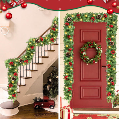 Christmas Garland, JTSIOV 9ft Artificial Christmas Tree Garland with 9ft Lights, Pine Cones, Red Berries, Branch Tips, Waterproof Christmas Decoration for Stairs, Fireplace, Door, Xmas Trees, Garden