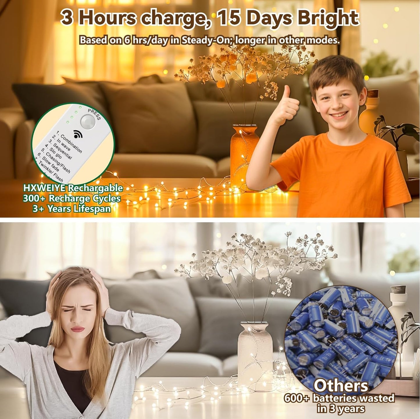 Skiennix 120L Twinkle Lights - 16FT 50LED Rechargeable Fairy Lights with DIY Timer & 8 Modes