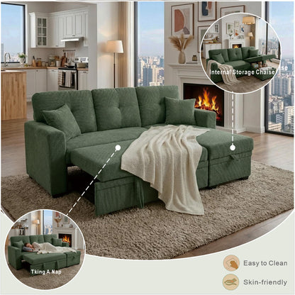 Eafurn 71" L Shaped Sectional Sleeper Sofa Bed with Pull Out Bed, Comfy Fabric Corner Sleeper Sectional Pull Out Couch with Tufted Backrest/Reversible Storage Chaise/2 Pillows