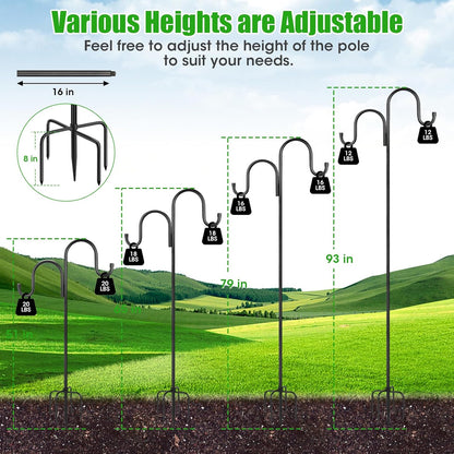 Skiennix 79-Inch Double Shepherds Hooks - Heavy Duty Bird Feeder Pole with 5-Prong Base for Lanterns & Hummingbird Feeders