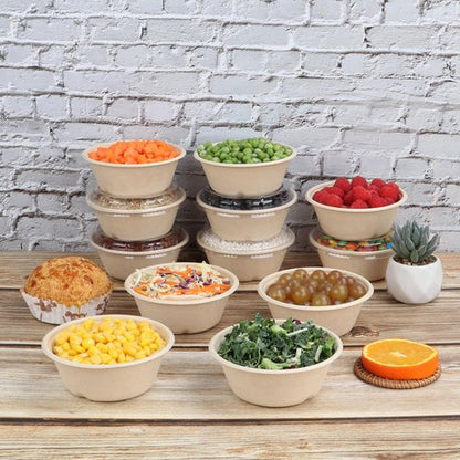 JAYEEY 10 oz Round Disposable salad bowls with lids, Sugarcane Fiber Paper Bowls take away food containers Plant Fibers Freezer Safe 50 Pack