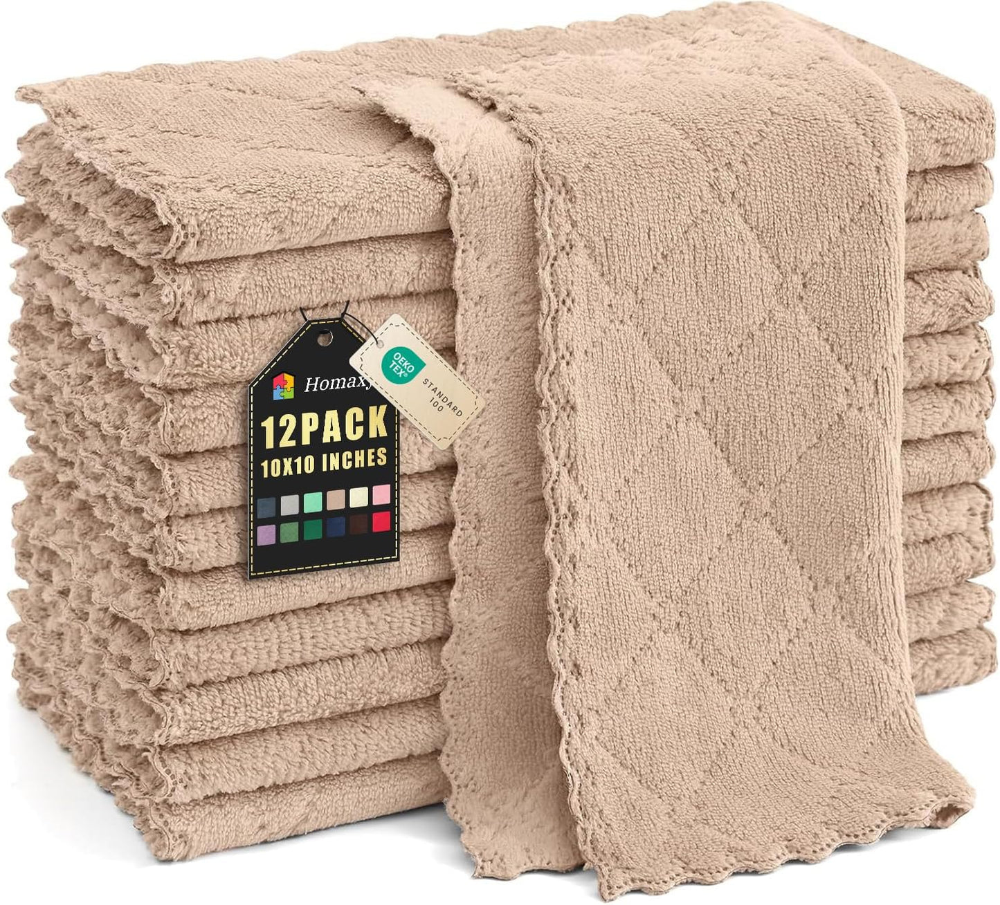 12 Pack (10 10 Inches, Homaxy Kitchen Dish Cloths x Tan), Super Soft and Absorbent Coral Velvet Dish Towels, Nonstick