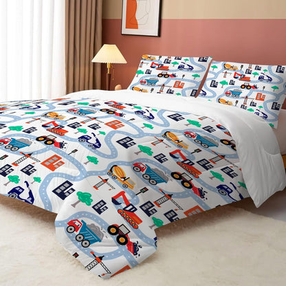Set Set 1 1 Cartoon Truck Comforter Twin: Construction Bedding for Boys Kids Children Bedroom Dorm White Cute Cars