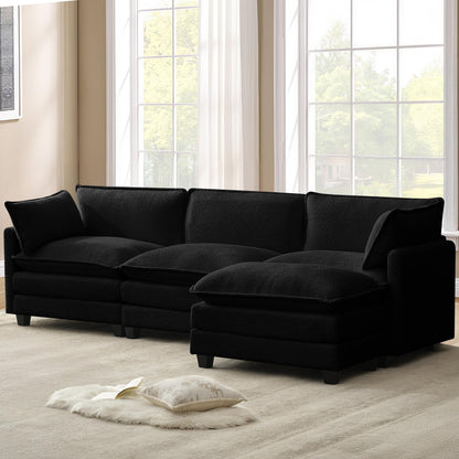 ROWHY 112'' Modular Sectional Cloud Couch with Movable Ottoman, 4 Seat Modern Chenille Sofa with 2 Throw Pillows, Deep Seat L Shaped Couch for Living Room Bedroom Apartment, Black