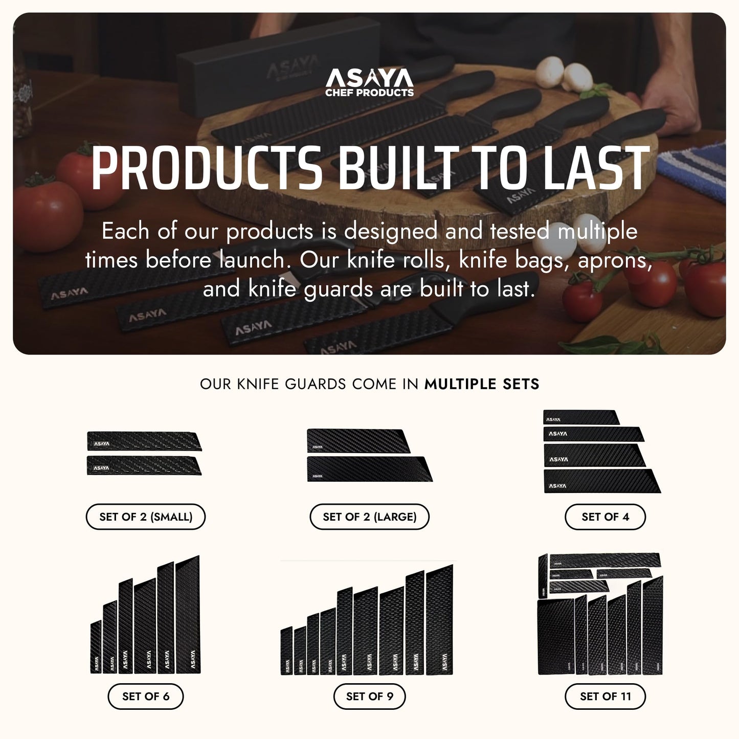 Asaya Professional Chef Knife Edge Guards – 6 Piece Knives Universal Covers - Extra Strength ABS Plastic and Food Safe Kitchen Knife Sheath Covers – Knives Not Included