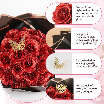Complete Floral DIY Kit 24 Pcs Glitter Roses Bouquet Making Set with 12 Butterflies, Wrapping Paper, Cards, Ribbon & Crown Eternal Handmade Gift for Birthday, Anniversary, Mother's Day, Wedding (Red)