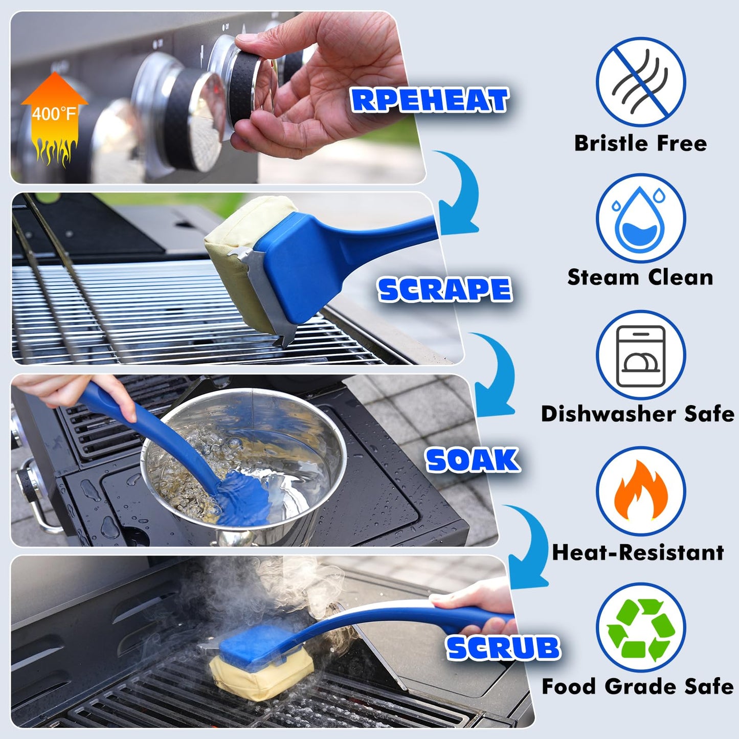 Grill Brush for Outdoor Grill, BBQ Grill Brush Bristle Free, Steam Grill Cleaner with Scraper, Grill Cleaning Brush with Replacement Head, BBQ Grilling Accessories Fit Most Grills, Gifts for Men Dad