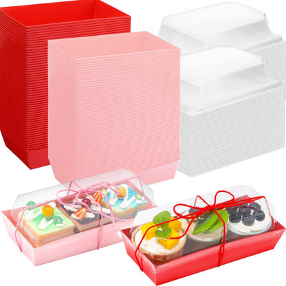 Layhit Valentines Charcuterie Boxes with Clear Lids and Rope Valentine's Day Rectangle Cookie Boxes Pink Red Disposable Dessert Containers for Wedding Anniversary Party Favor Cake Sandwich(50 Sets)