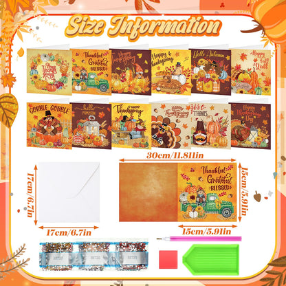 Saillong 12 Pack Thanksgiving Diamond Painting Greeting Card Kits DIY Fall Diamond Art Cards with Envelopes Pumpkin Turkey 5D Rhinestones Paint Card for Adults DIY Crafts Family Friend Birthday Gifts