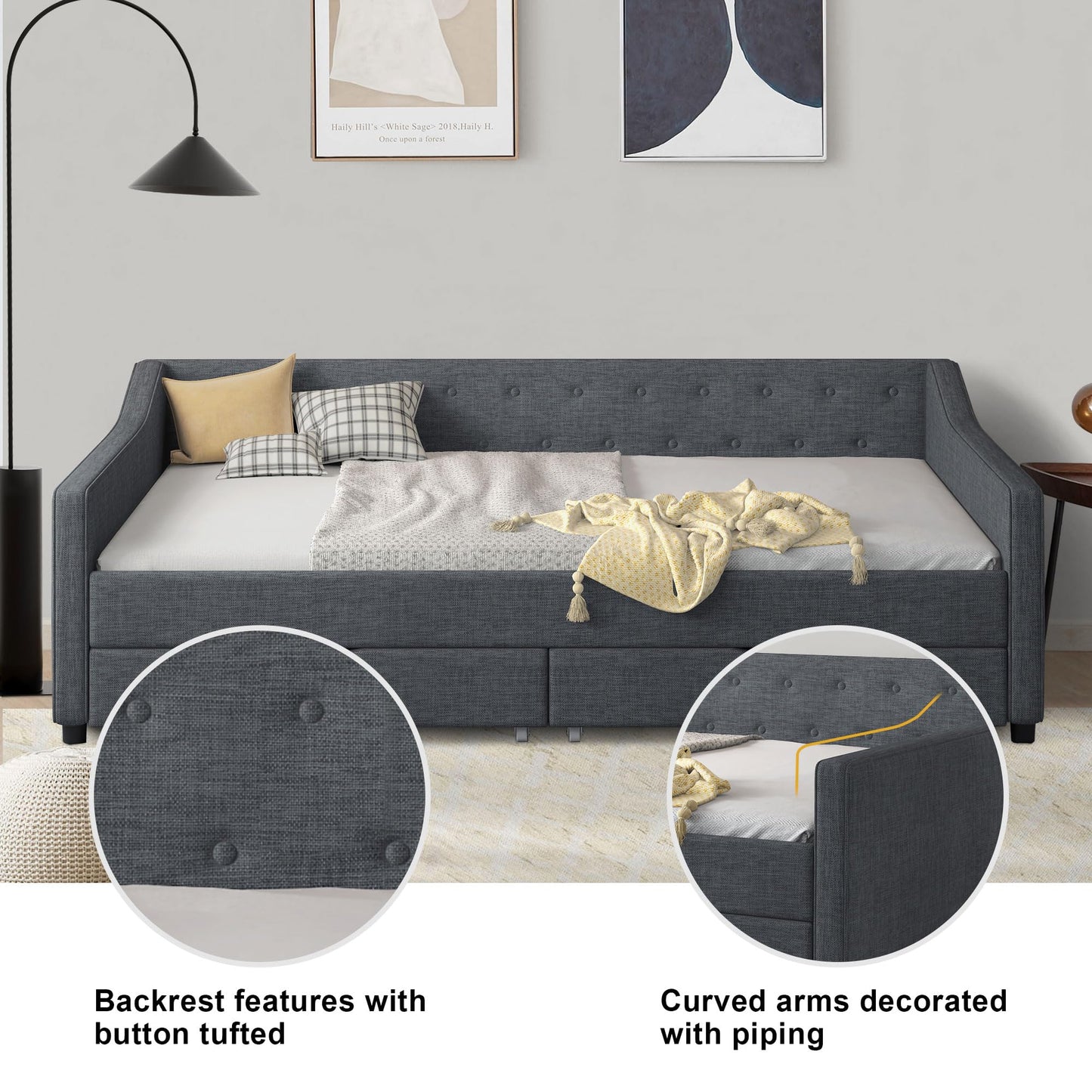 Ball & Cast Full Size Daybed with Two Storage Drawers,Linen Upholstered Day Bed Frame with Button Tufted and Waved Shape Arms, Wood Slat Support,No Box Spring Needed,Dark Grey
