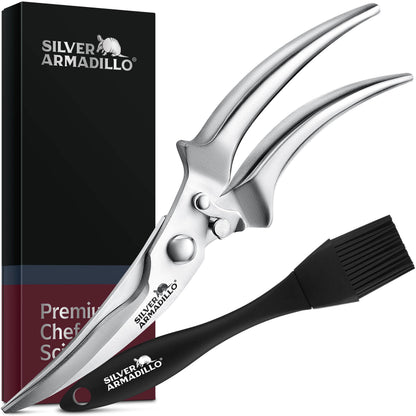 Silver Armadillo Heavy Duty Poultry Shears - Professional Stainless Steel Kitchen Scissors for Bone, Chicken, Meat, Fish & Vegetables - Spring Loaded (Stainless Steel handles)