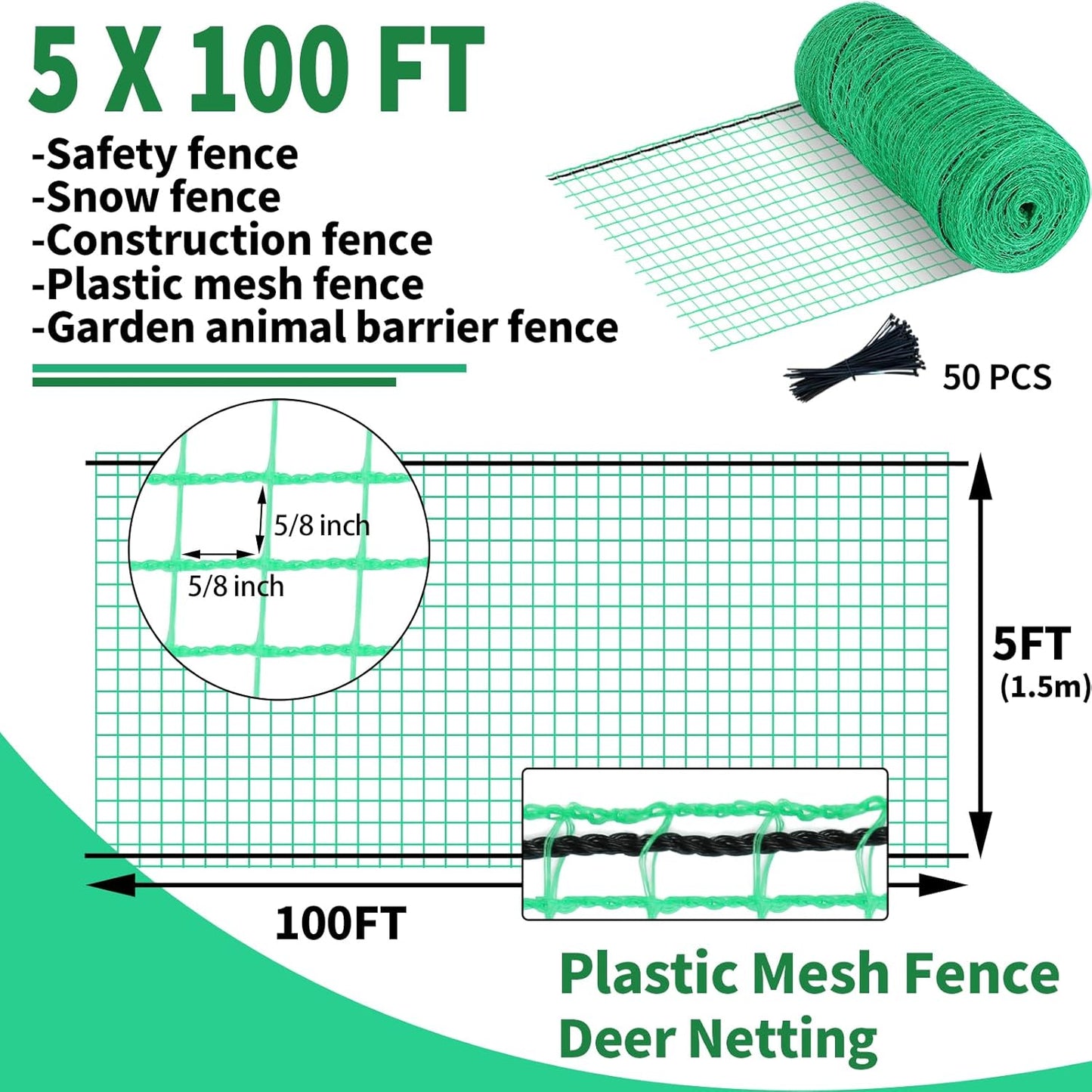 5x100ft Deer Fence Netting, Heavy Duty Plastic Mesh Fence for Deer, Rabbits, Birds & Chickens, Green Garden Netting