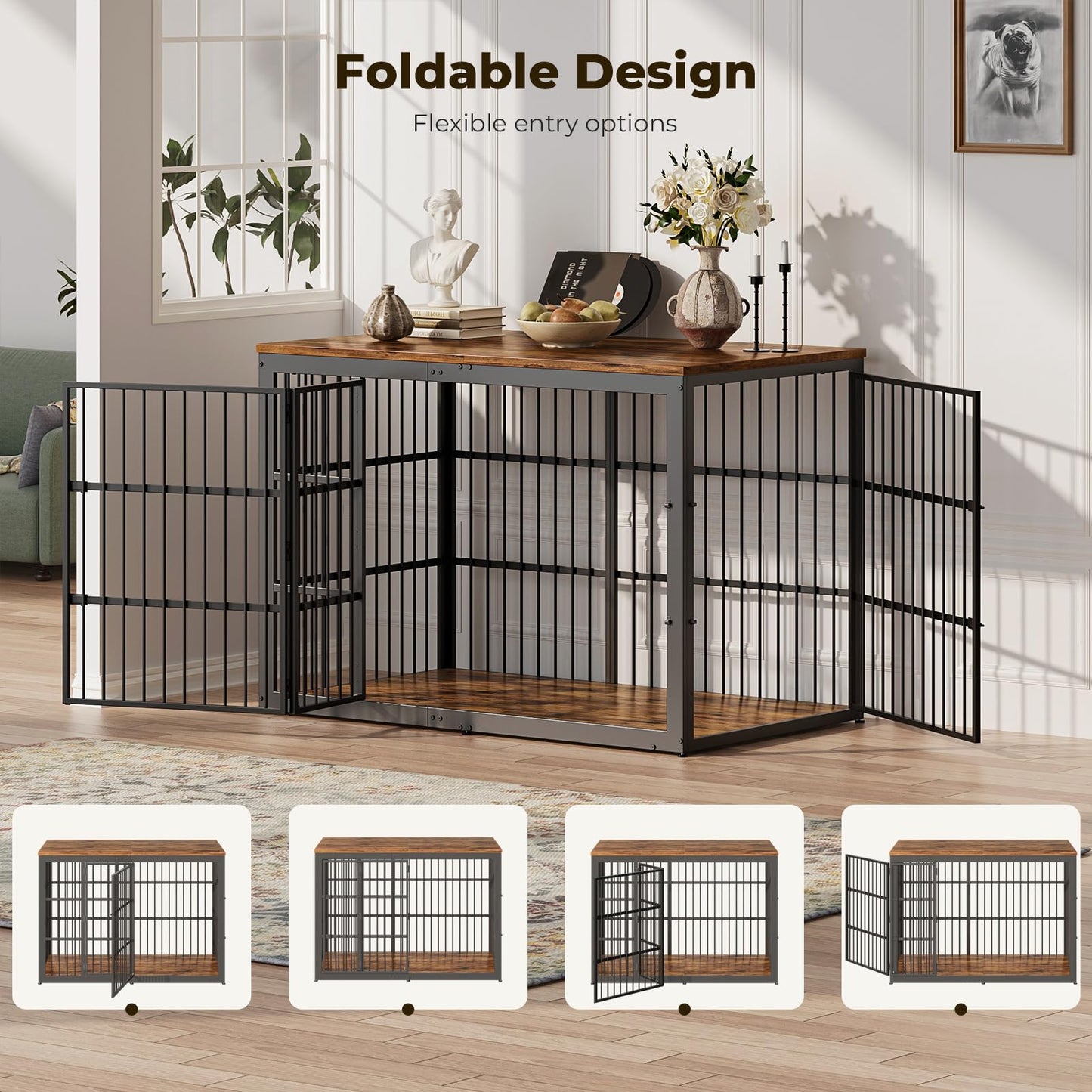 Lyromix 54" Dog Crate Furniture with Foldable Door, XXL Dog Crates for Large Dogs, Wooden Decorative Dog Cage Kennel Indoor End Table, Rustic Brown