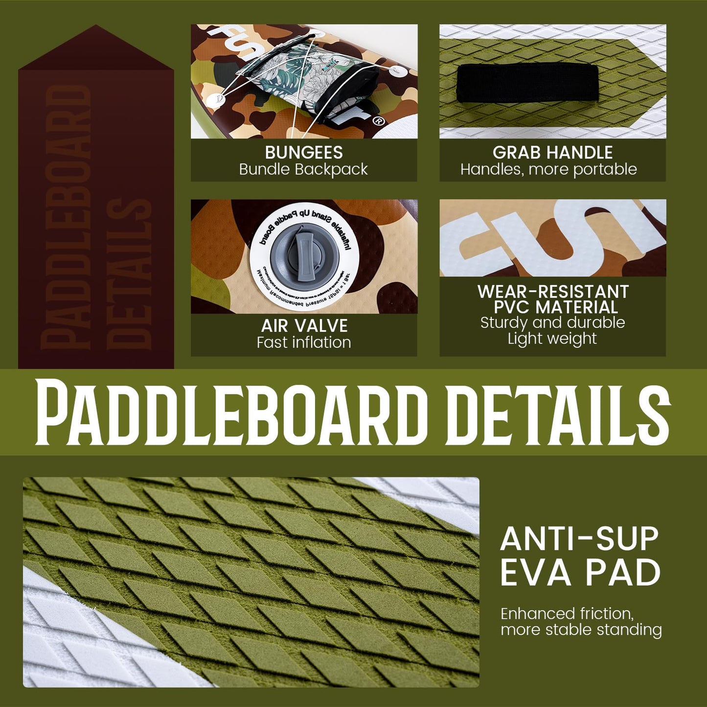FunWater SUP Inflatable Stand Up Paddle Board Ultra-Light Inflatable Paddleboard with SUP Accessories,Fins,Adjustable Paddle, Pump,Backpack, Leash, Waterproof Phone Bag(Brown)