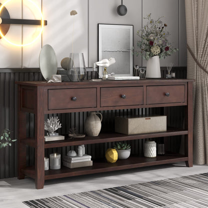 Bellemave Solid Wood Console Table with Drawers, Retro Entryway Table with 3 Drawers and 2 Open Storage Shelves, Narrow Long Sofa Table, Behind Couch Table for Living Room, Foyer and Hallway, Espresso