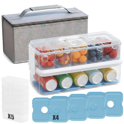 Double-Layer Chilled Portable Snackle Box with 5 Removable Compartments, 4 Ice Packs & Insulated Bag, Keeps Food Chilled or Warm, Extra Layer for Drinks, Fruits & Candy, Dishwasher-Safe for Road Trips