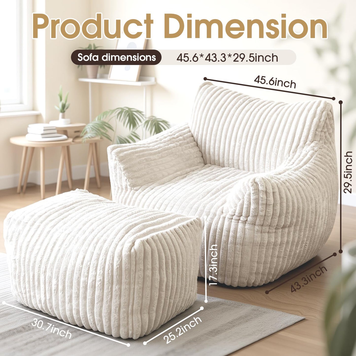 LuxMoment Giant Bean Bag Chair with Ottoman, Oversized Plush Comfy Bean Bag Sofa for Adults and Kids, Memory Foam Mini Couch Single Lounges for Living Room, Bedroom & Game Room(Beige)