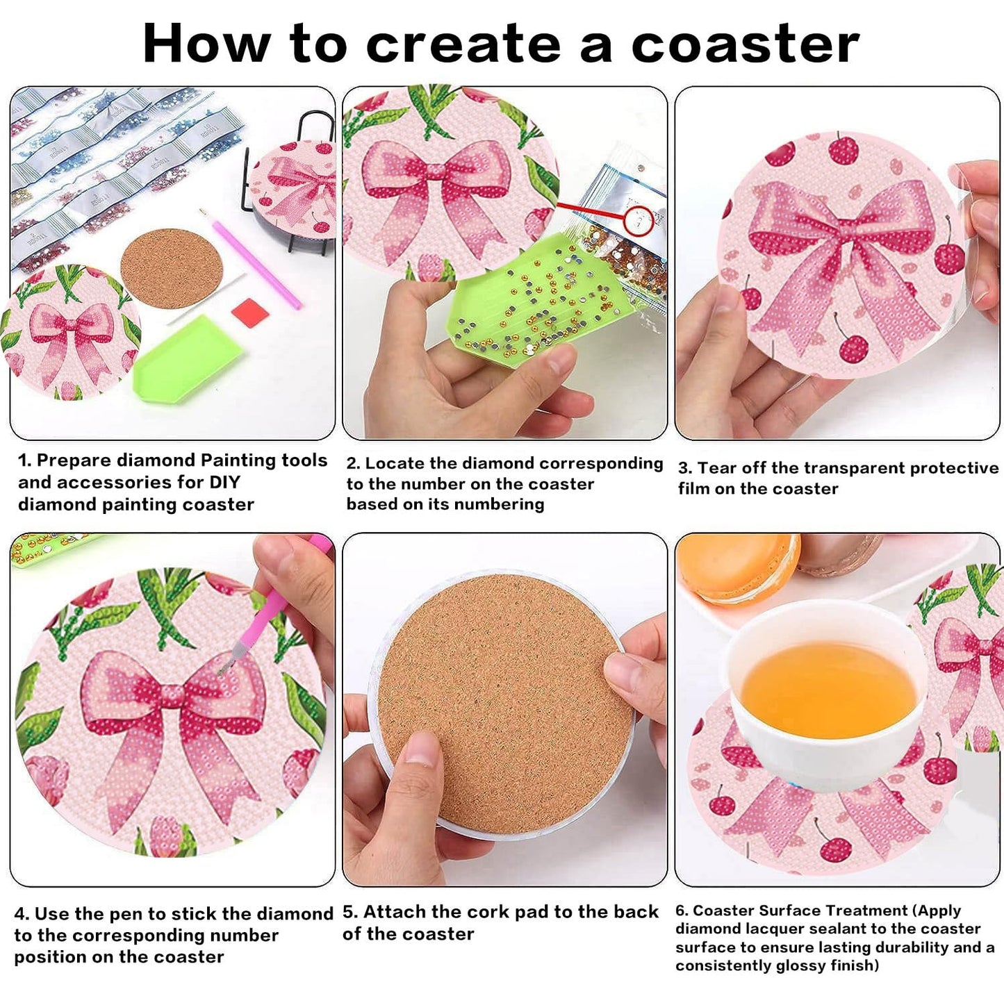 HHMATITS 8 Pcs Diamond Art Coasters Kit, Pink Bow Diamond Art Coaster with Holder Cork for Adults Beginners, 5D DIY Full Round Diamonds Painting Coasters Kit for Gifts 4X4 Inch