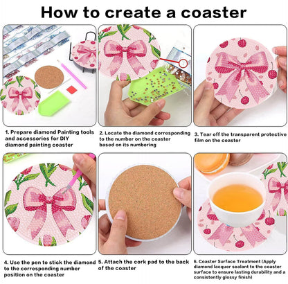 HHMATITS 8 Pcs Diamond Art Coasters Kit, Pink Bow Diamond Art Coaster with Holder Cork for Adults Beginners, 5D DIY Full Round Diamonds Painting Coasters Kit for Gifts 4X4 Inch