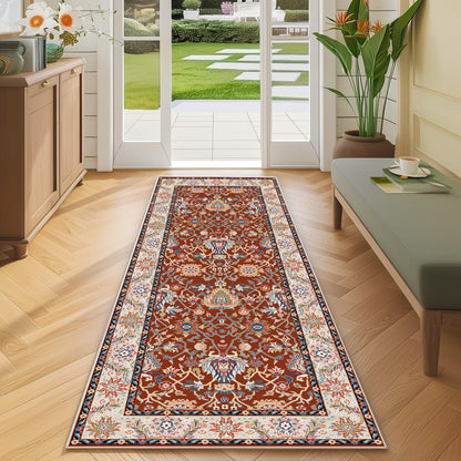 Washable 2x6 Hallway Runner Rug, Non-Slip Low Pile Cozy Kitchen Runner Rug, Brick Red Boho Vintage Floral, Ultra Soft, Stain Resistant, Pet & Kid Friendly Rugs for Bedroom Bathroom Laundry Room