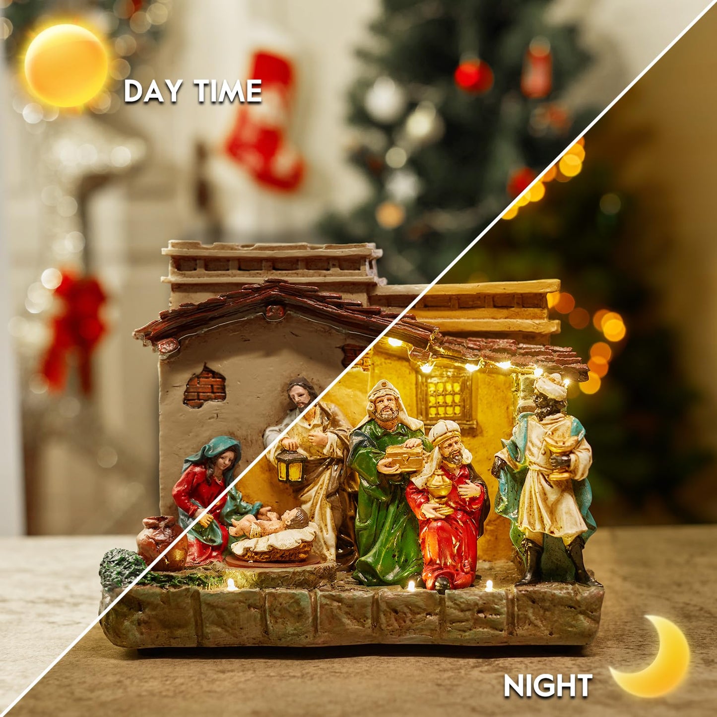 Lighted Christmas Nativity Set Indoor 9.3 Inch Village Resin Stable Manger Nativity Figurine with Music, Battery Operated Light up Tabletop Decorations for Interior Holiday Displays Ornament Gift