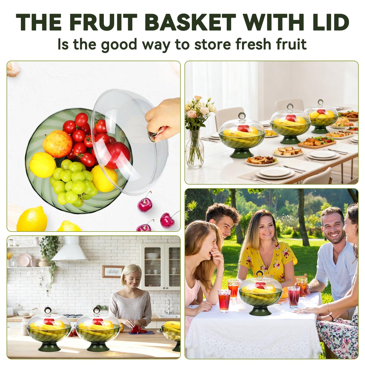 Fruit bowl with lid & Basket - Fruit Fly Proof Kitchen Counter Storage for Fruits & Veggies, Plastic Decorative fruit baske with Draining Holes & Handle (green 1Pcs)