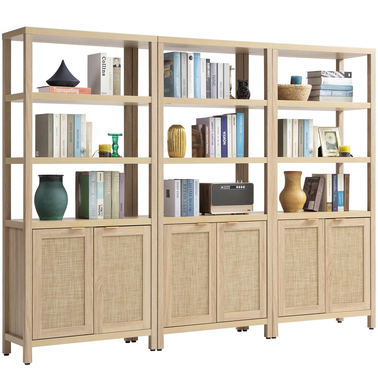 SICOTAS Bookshelf 5 Tier Book Shelf Rattan Boho 71" Tall Bookcase with Doors Storage Shelves Large Bookshelves Farmhouse Bookcases Library Book Case for Living Room Bedroom Home Office Kitchen