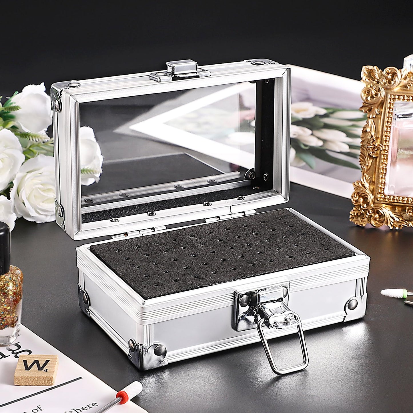 Noverlife 50 Holes Nail Drill Bit Holder Case, Professional Polishing Heads Holder Organizer, Silver Bit Storage Box, Large Display Container for Salon Grinding Head