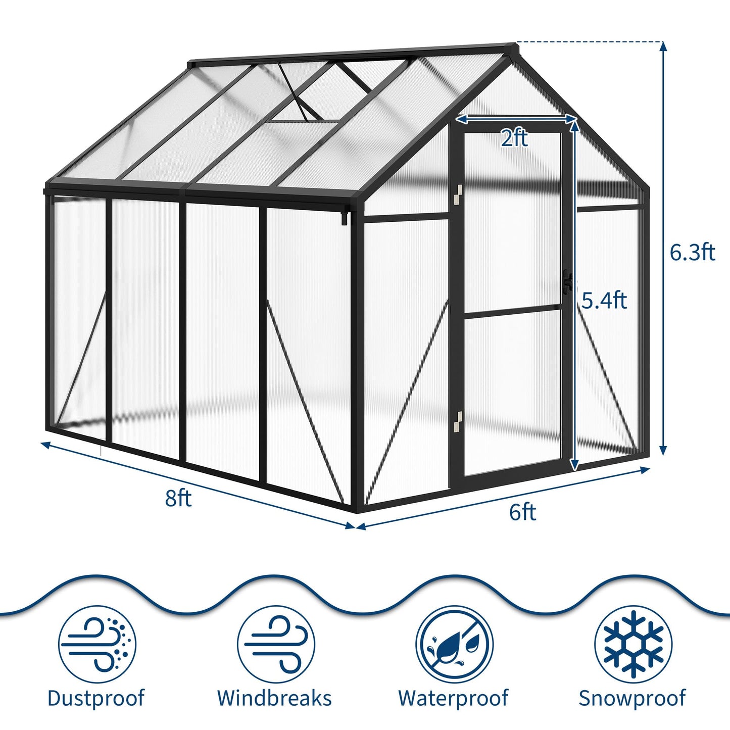Garvee 6 x 8 FT Greenhouse, Greenhouses for Outside, Polycarbonate Greenhouse with Aluminum Frame, Lockable Door and Ajustable Roof Vent for Backyard, Green Houses for Outside Garden Backyard, Patio