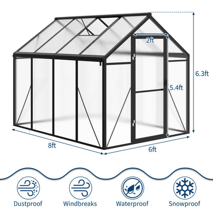 Greenhouse, 6x8 Ft Outdoor Greenhouses, Greenhouse Kit, Portablee Greenhouses with Ground Nails and Vent Windows, Sliding Lockable Door, Polycarbonate Green House for Outside Garden Backyard, Black