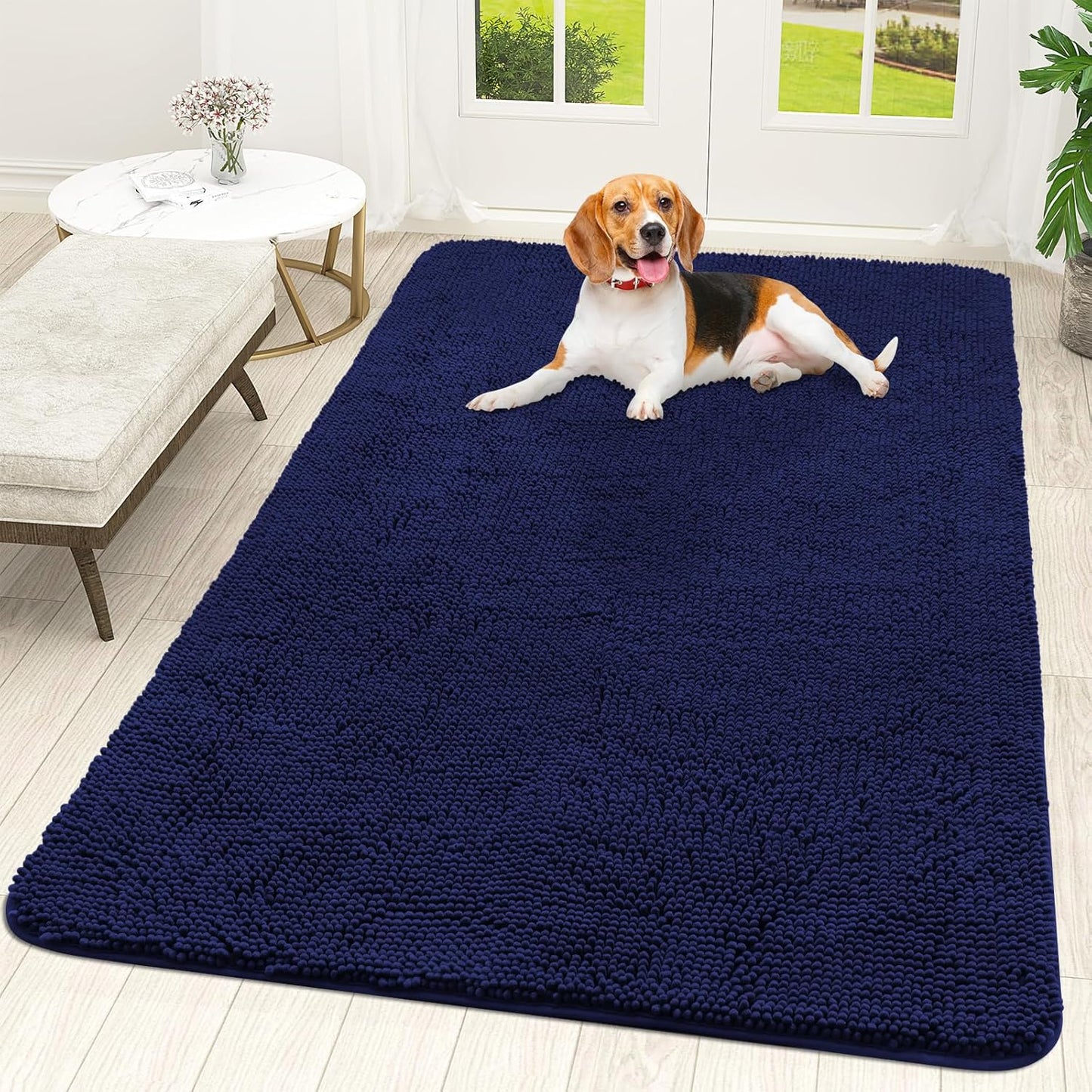 OLANLY Dog Door Mat - Absorbent Non-Slip Washable Chenille Mat for Muddy Paws | 59x35, Navy Blue