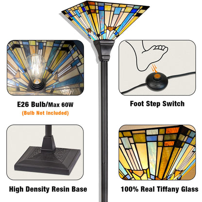 Capulina Tiffany Lamp Stained Glass Torchiere Floor Lamp 70 Inches Tall Industrial Pole Green Blue Rustic Tiffany Style Torch Standing Lamp Decor for Living Room Bedroom Farmhouse Home Office