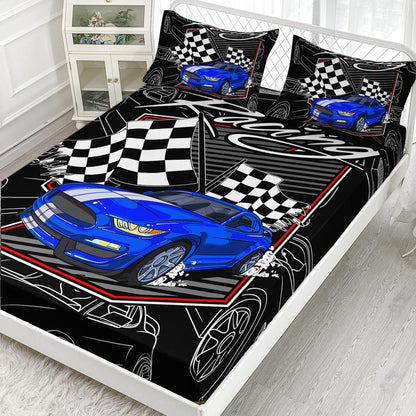 Set 3PCS,1 2 AILONEN Blue Racing Car Fitted Sheet Twin Size, Speed Sports Car Bed Sheet for Kids Boys Teens,Extreme