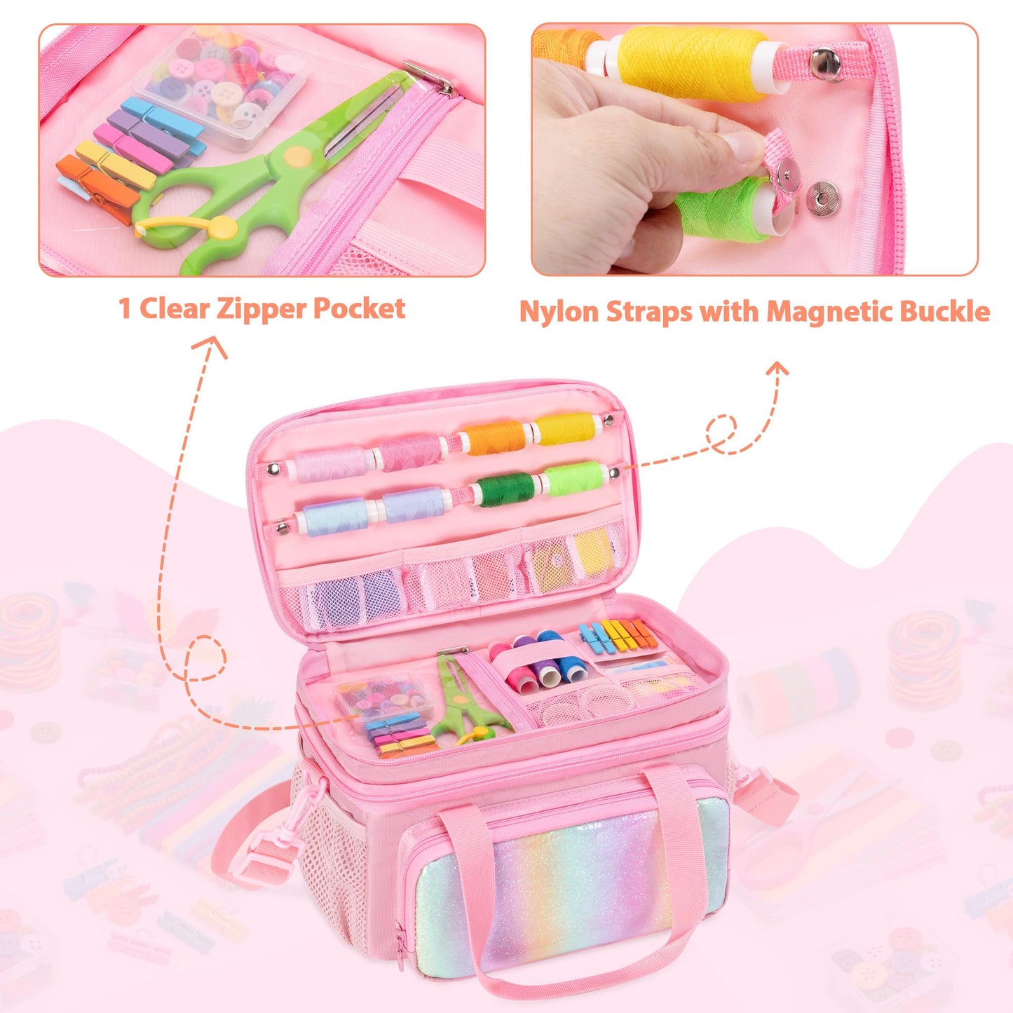 GRAOSO Double Layer Sewing Organizer for Crafts Sewing Supplies, Crafts Accessories Bag, Portable Sewing Box with Handle and Detachable Shoulder Strap, Rainbow Sequins Design, Pink (Case Only)