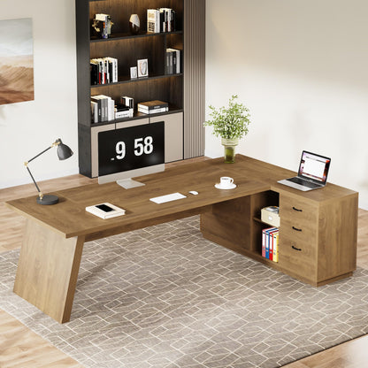 Tribesigns 78" L-Shaped Executive Desk, Large Modern Office Desk with Drawers and Lateral File Cabinet, Business Furniture with Storage Shelves, Big Computer Table for Home Office (Brown)