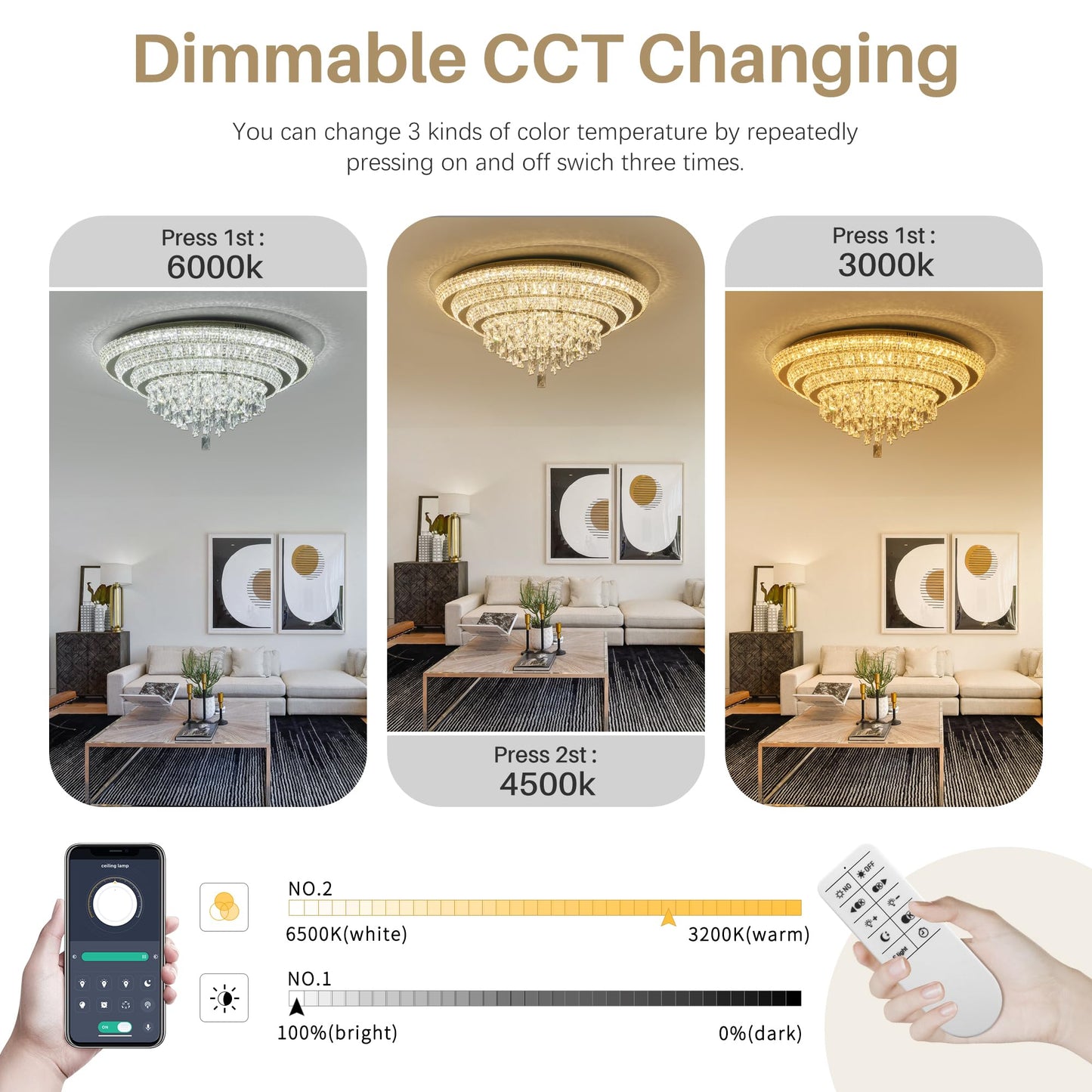 30 inch Flush Mount Crystal Chandeliers with Remote and APP Gold, Modern Elegant LED Crystal Raindrop Ceiling Light Fixture, 3CCT Dimmable, for Living Room Kitchen Island Bedroom Entryway Foyer
