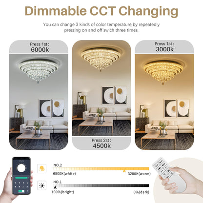 30 inch Flush Mount Crystal Chandeliers with Remote and APP Gold, Modern Elegant LED Crystal Raindrop Ceiling Light Fixture, 3CCT Dimmable, for Living Room Kitchen Island Bedroom Entryway Foyer