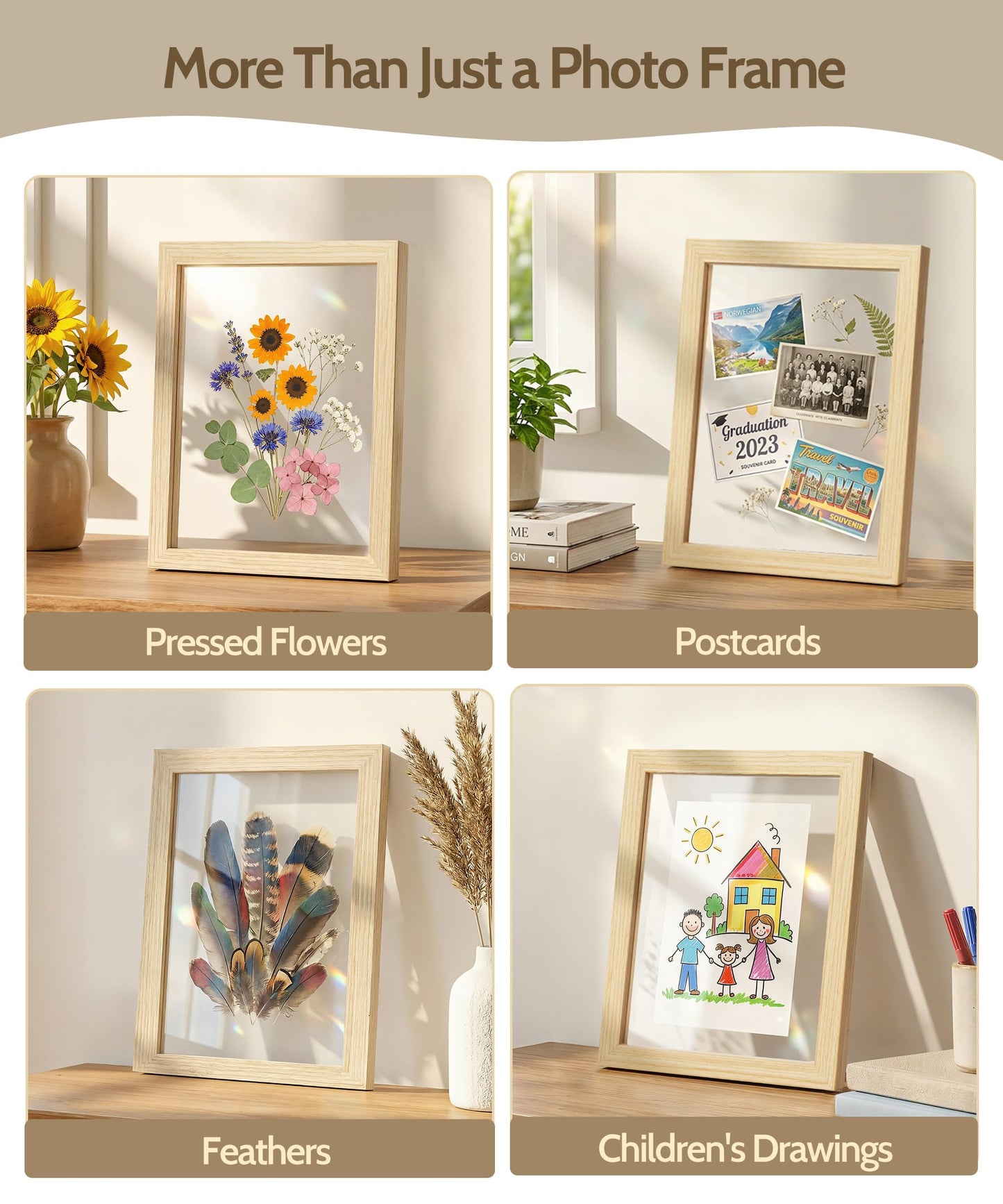 Sonefreiy Floating Picture Frames 8x10 Set of 2, Wooden Photo Frame Double Glass Pressed Flower Frames 5x7 Wall and Tabletop Display Gift for Family Friends Wedding