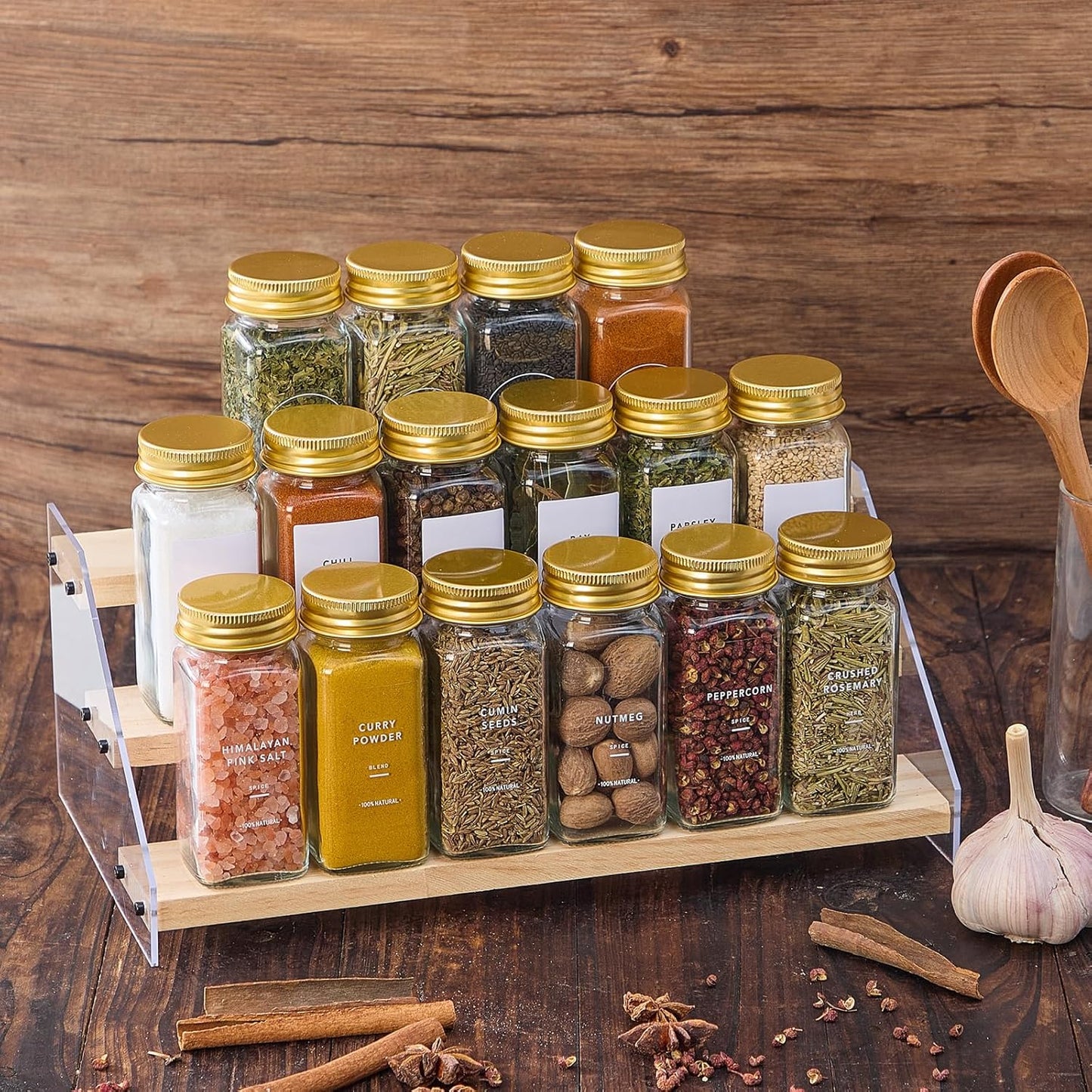 24 576 4oz Pcs Glass Spice Jars with Labels, Empty Square Spice Containers,Seasoning Bottles with Gold Metal Caps