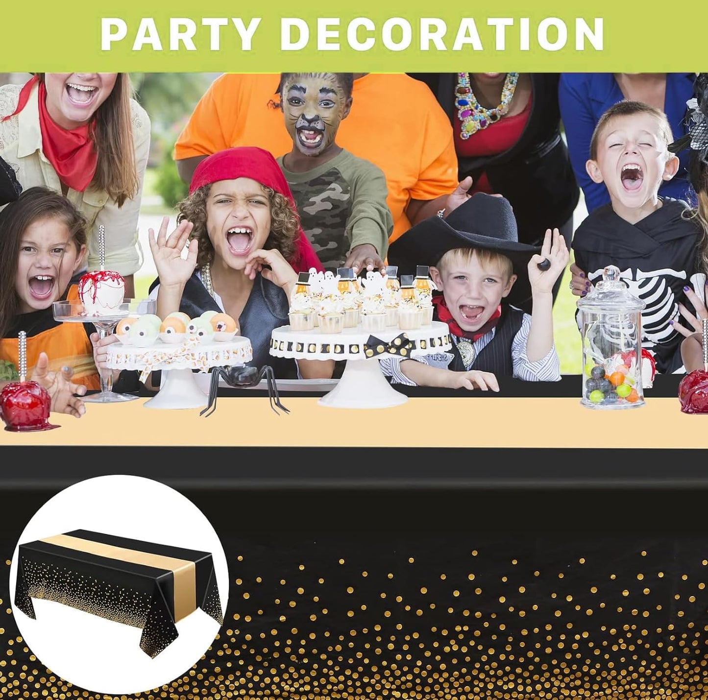 Jeffbaubl 8 Set Tablecloths and Satin Table Runner, 8 Black and Gold Dot Table Cloth 54 x 108 Inch, 8 Gold Satin Runners 11 x 108 Inch, Disposable Plastic Tablecloth for Parties Wedding Birthday