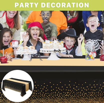 Jeffbaubl 8 Set Tablecloths and Satin Table Runner, 8 Black and Gold Dot Table Cloth 54 x 108 Inch, 8 Gold Satin Runners 11 x 108 Inch, Disposable Plastic Tablecloth for Parties Wedding Birthday